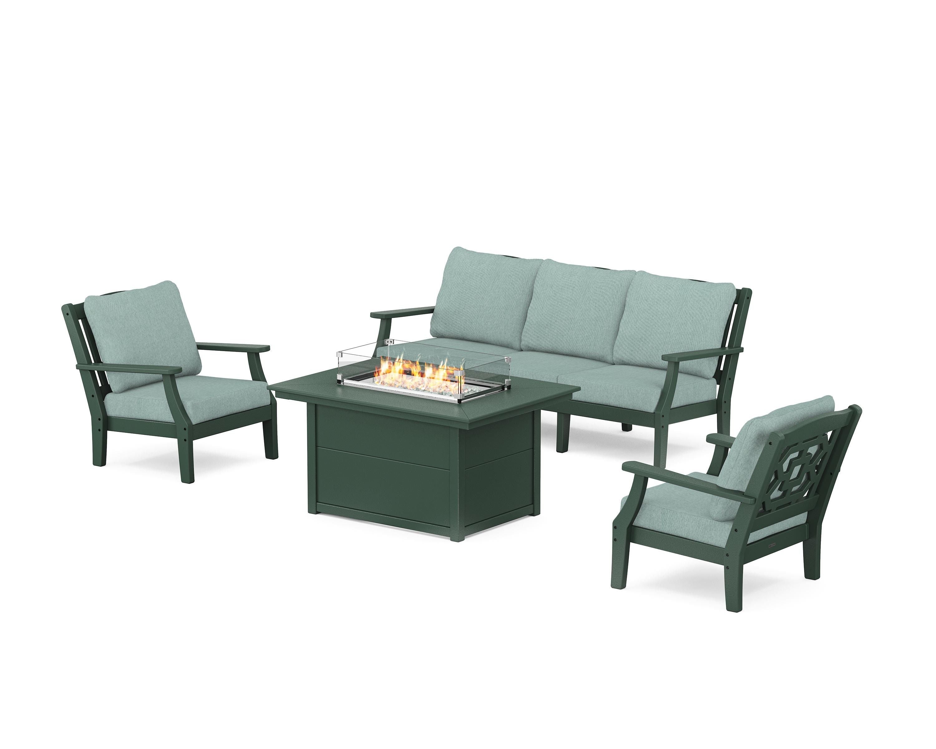 Martha Stewart by POLYWOOD® Chinoiserie Deep Seating Fire Pit Table Set in Green / Glacier Spa