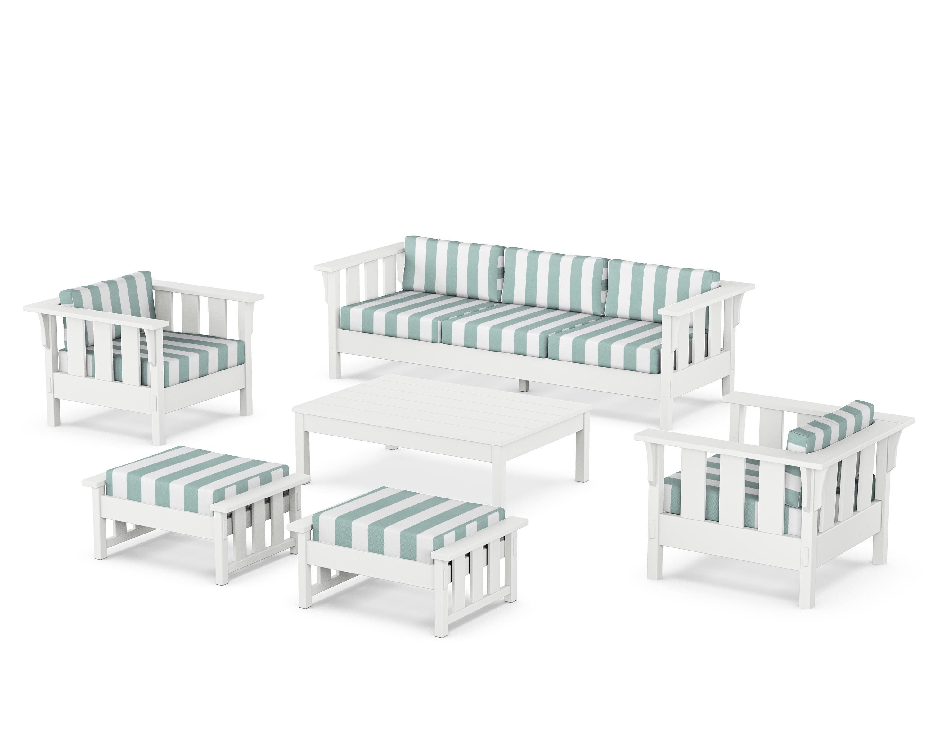 Martha Stewart by POLYWOOD® Acadia 6-Piece Lounge Sofa Set in White / Cabana Stripe Glacier Spa