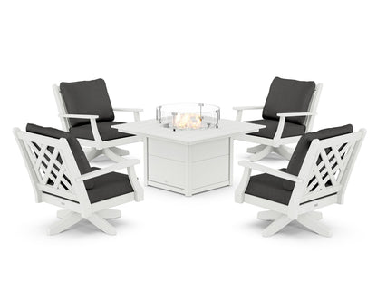 Country Living Wovendale 5-Piece Deep Seating Swivel Conversation Set with Fire Pit Table in White / Spectrum Carbon
