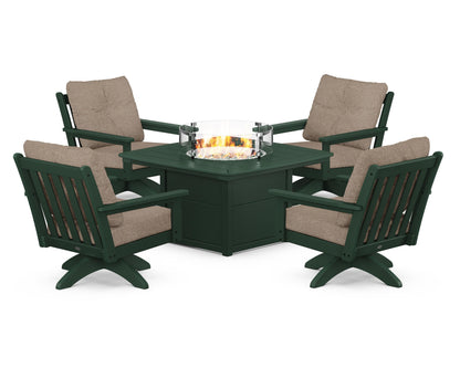 POLYWOOD® Vineyard 5-Piece Deep Seating Swivel Conversation Set with Fire Pit Table in Green / Spiced Burlap