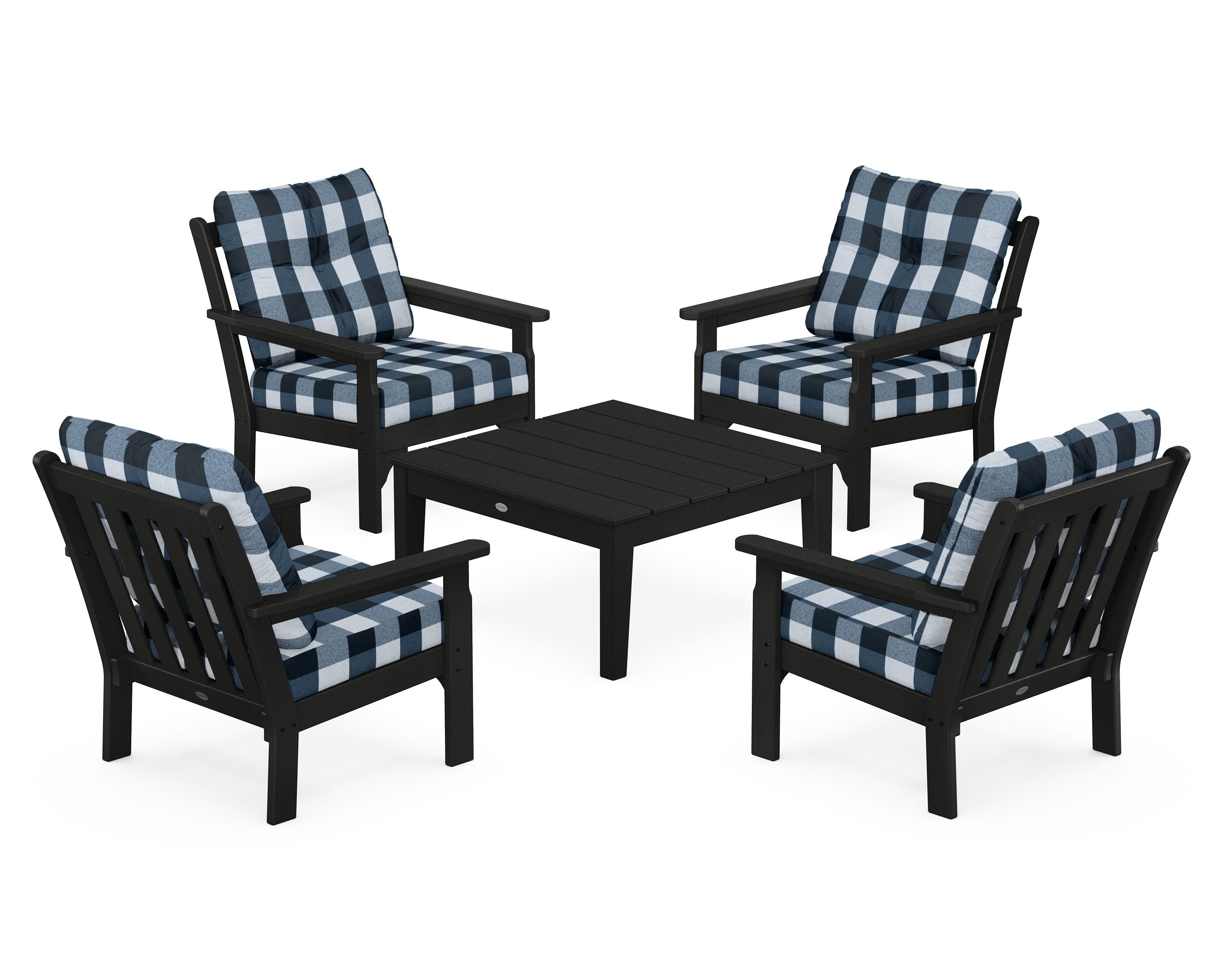 POLYWOOD® Vineyard 5-Piece Deep Seating Conversation Set in Black / Buffalo Plaid Marine Indigo