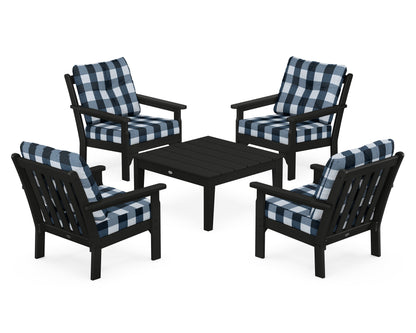 POLYWOOD® Vineyard 5-Piece Deep Seating Conversation Set in Black / Buffalo Plaid Marine Indigo