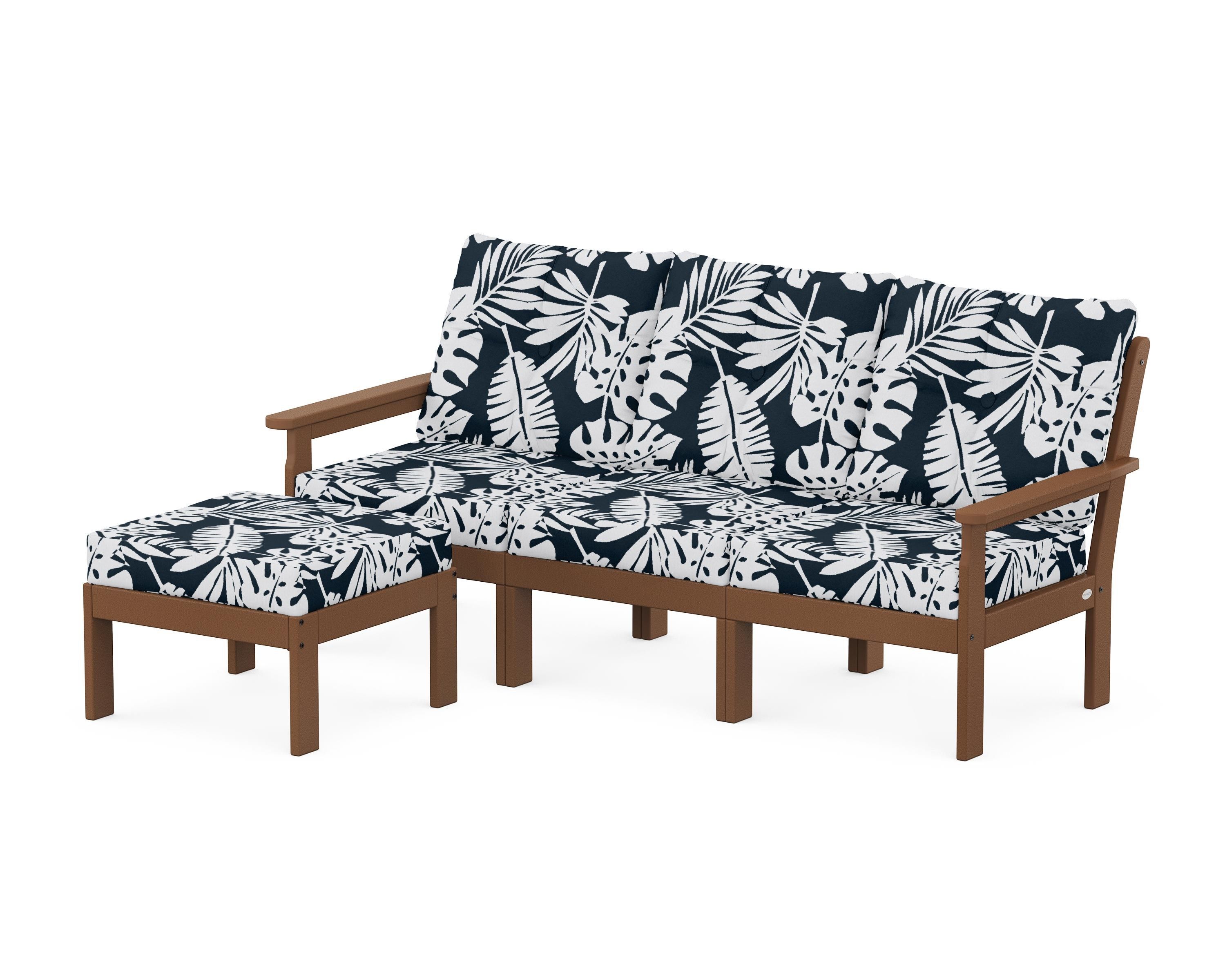 POLYWOOD® Vineyard 4-Piece Sectional with Ottoman in Teak / Leaf Marine Indigo