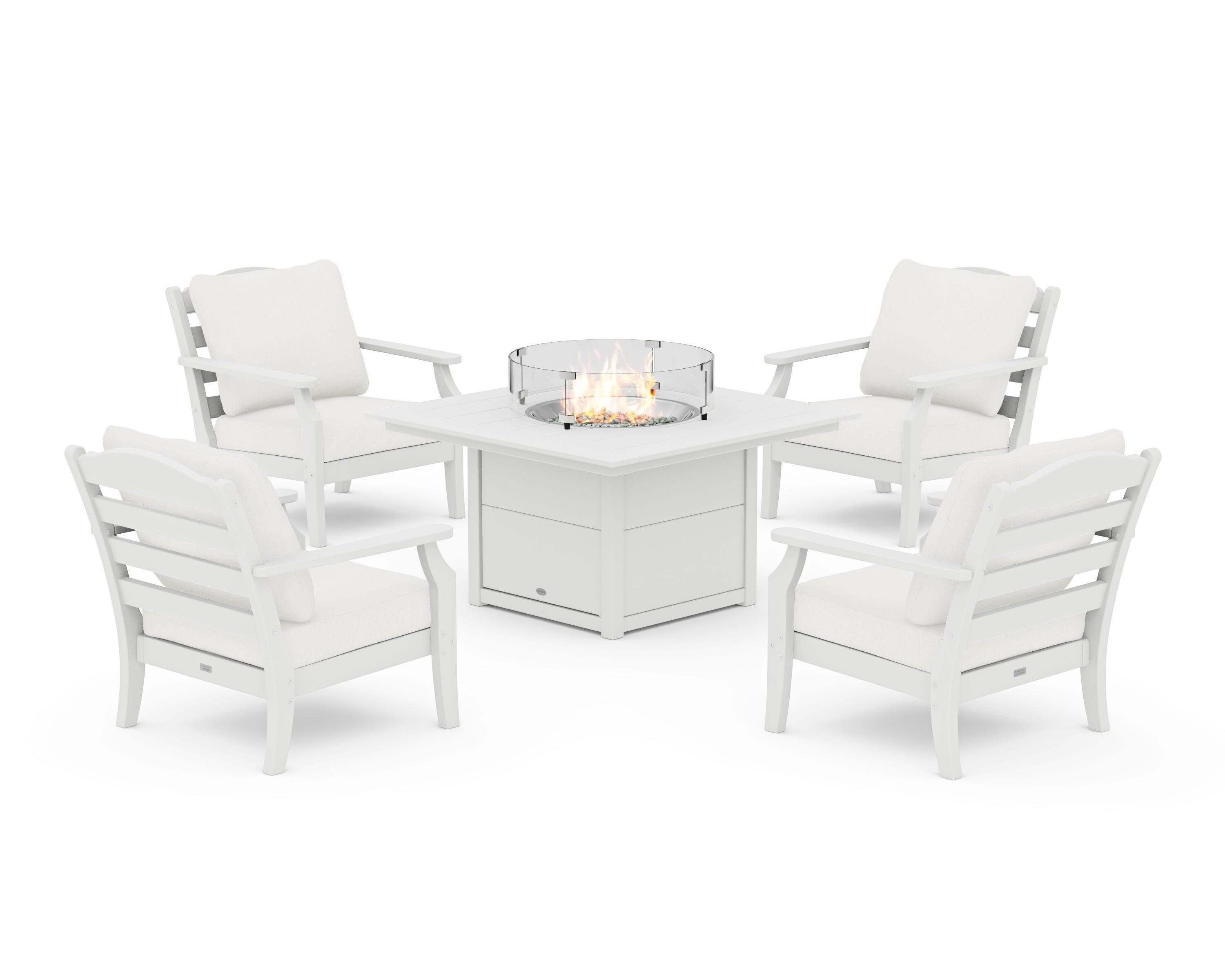 Draper James™ by  POLYWOOD® Savannah 5-Piece Deep Seating Set with Fire Pit Table in White / Natural Linen