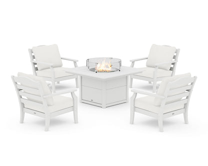 Draper James™ by  POLYWOOD® Savannah 5-Piece Deep Seating Set with Fire Pit Table in White / Natural Linen