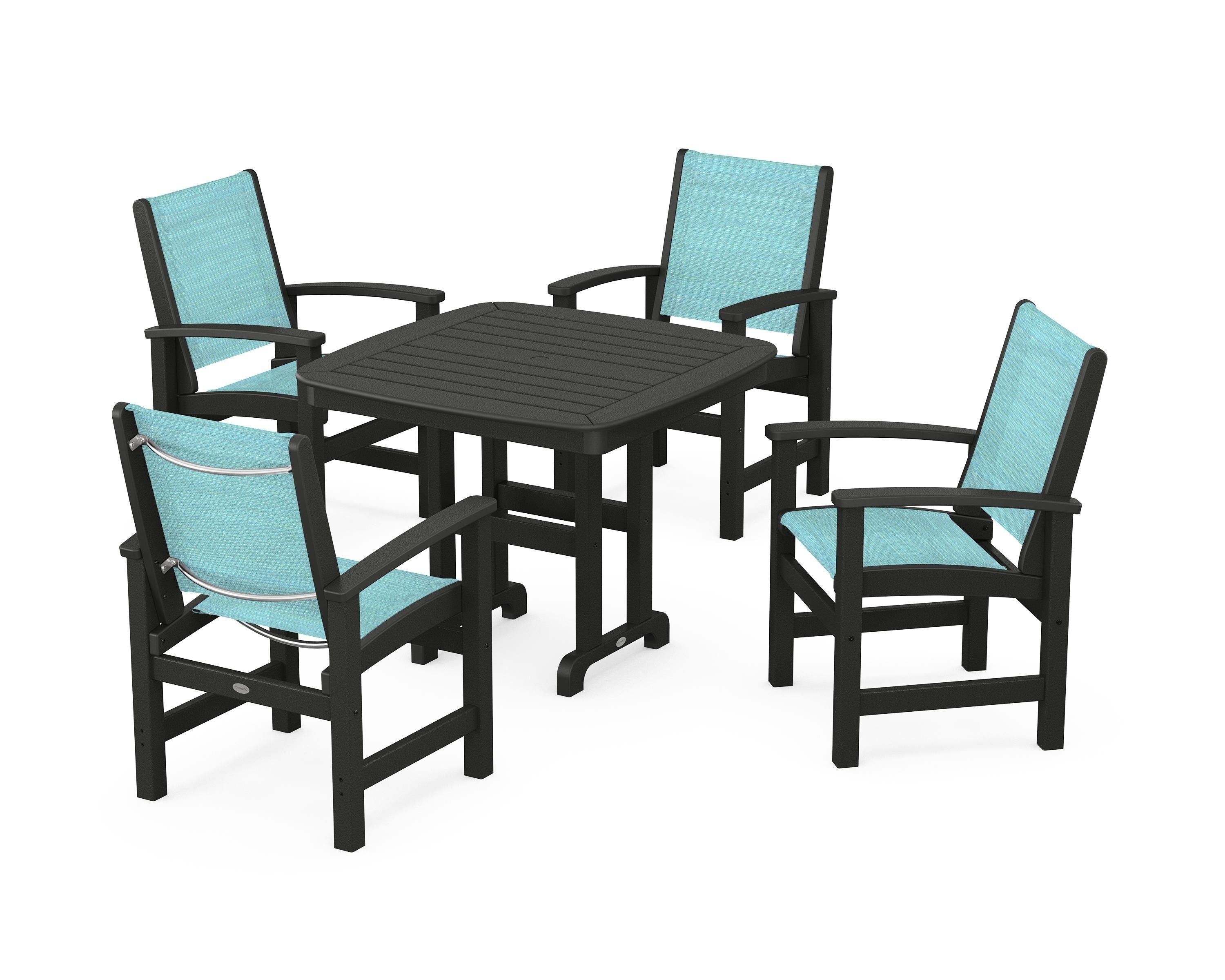 POLYWOOD® Coastal 5-Piece Dining Set in Black / Dupioni Aquamarine Sling