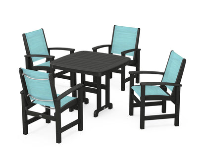 POLYWOOD® Coastal 5-Piece Dining Set in Black / Dupioni Aquamarine Sling
