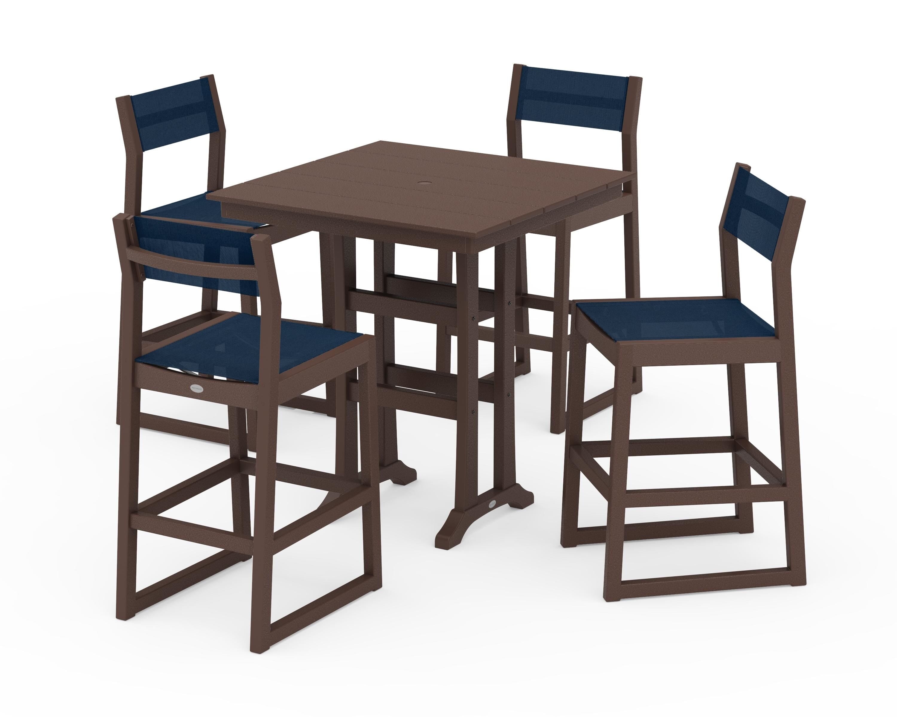 POLYWOOD® EDGE Sling Arm Chair 5-Piece Farmhouse Bar Set with Trestle Legs in Mahogany / Navy Blue Sling