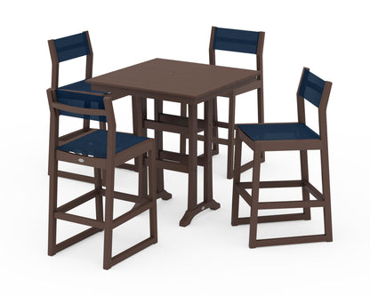 POLYWOOD® EDGE Sling Arm Chair 5-Piece Farmhouse Bar Set with Trestle Legs in Mahogany / Navy Blue Sling