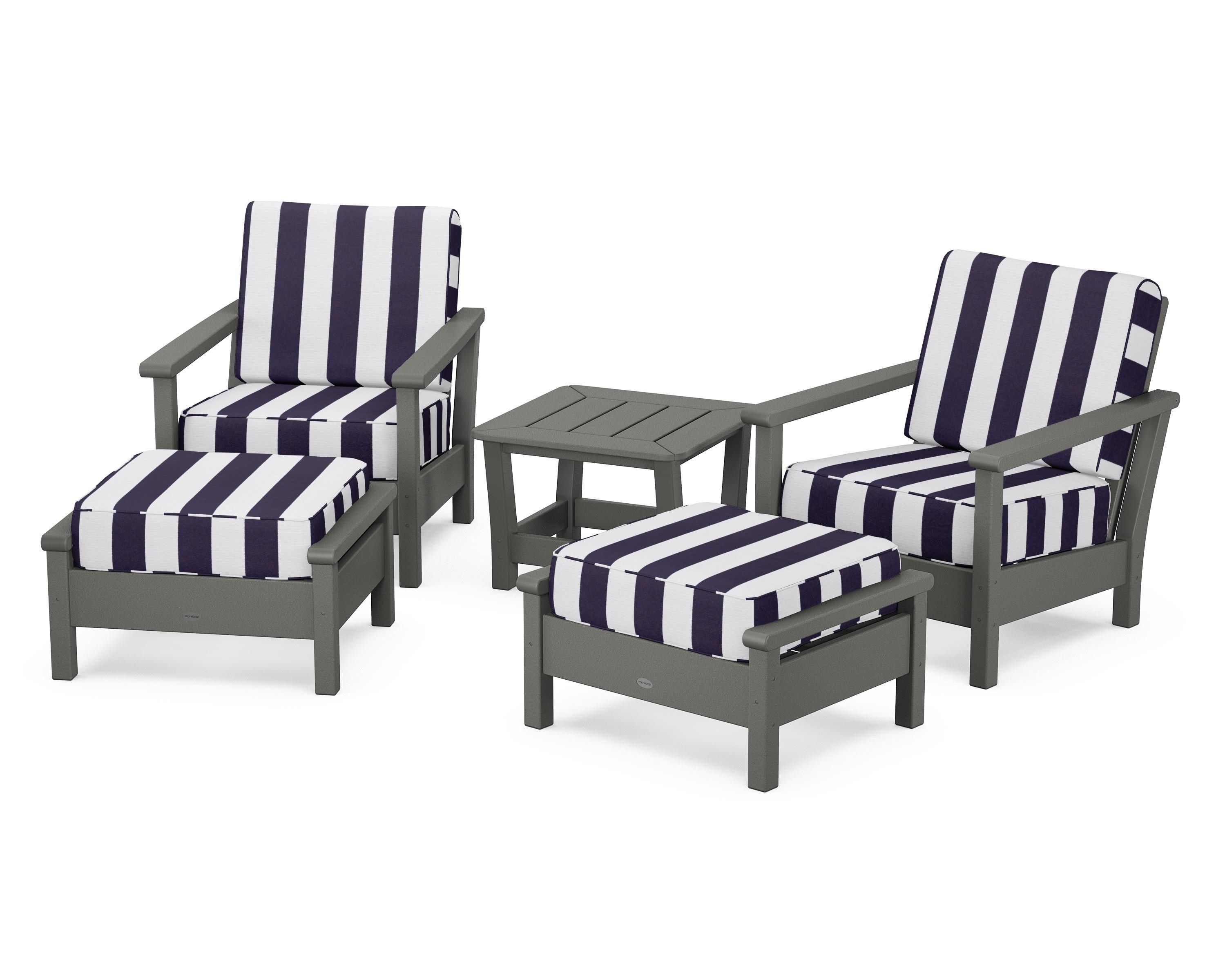 POLYWOOD® Harbour 5-Piece Deep Seating Chair Set in Slate Grey / Cabana Stripe Navy
