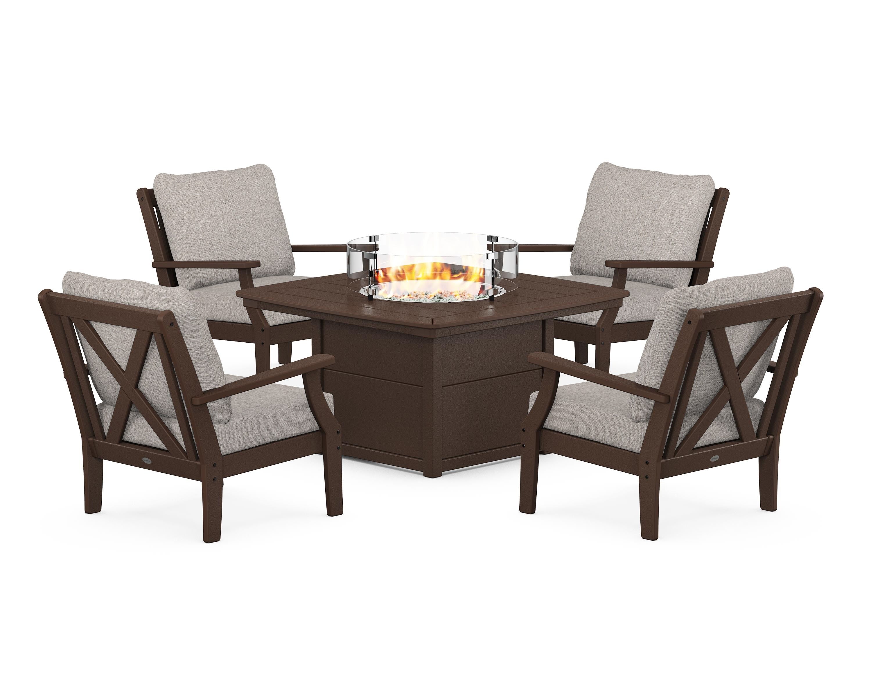 POLYWOOD® Braxton 5-Piece Deep Seating Conversation Set with Fire Pit Table in Mahogany / Weathered Tweed