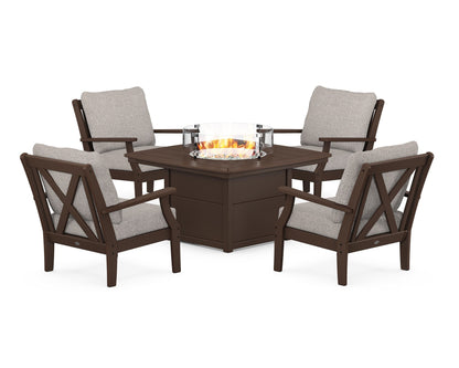 POLYWOOD® Braxton 5-Piece Deep Seating Conversation Set with Fire Pit Table in Mahogany / Weathered Tweed