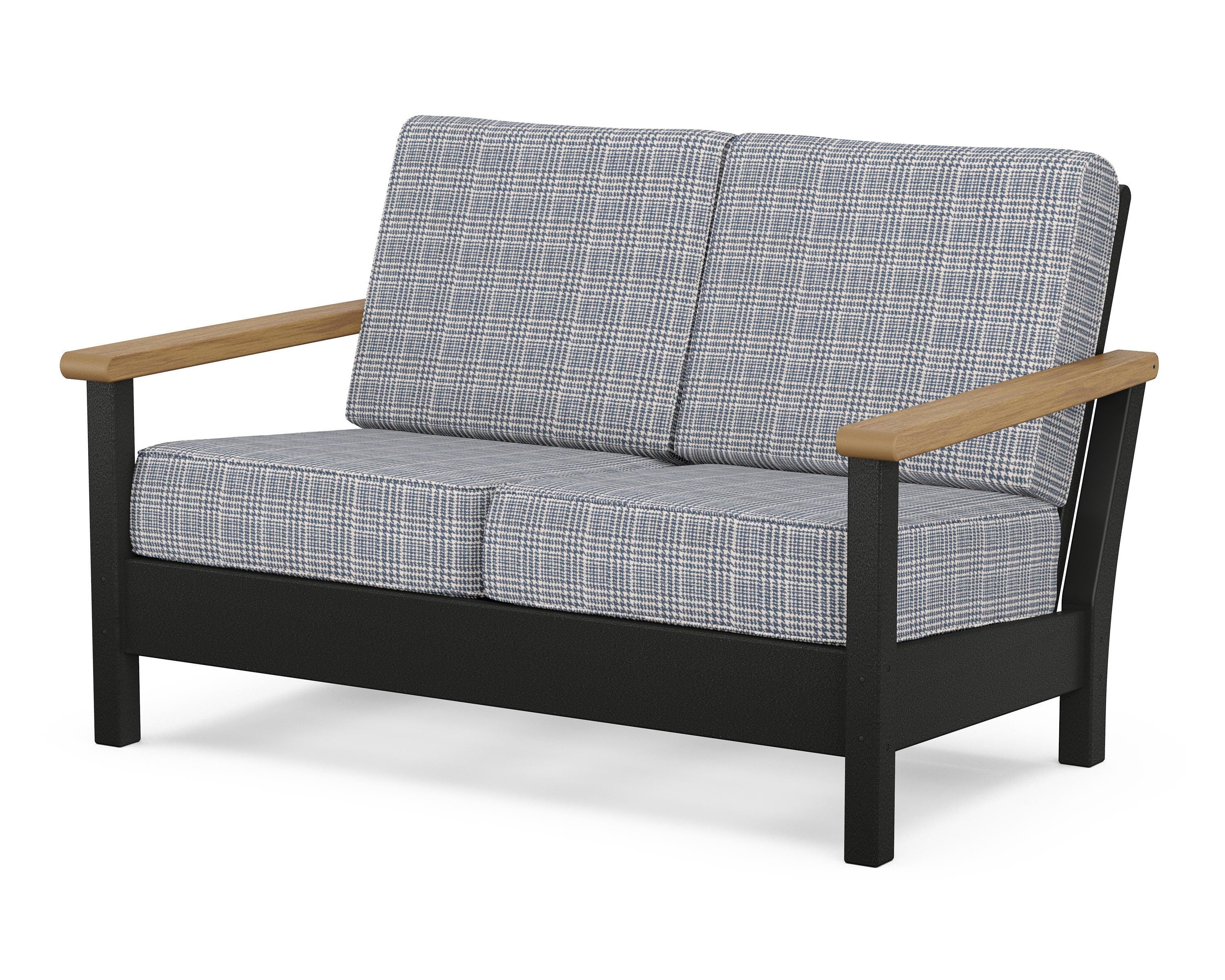 POLYWOOD® Harbour Deep Seating Loveseat in Black / Natural / Houndstooth Sky Blue