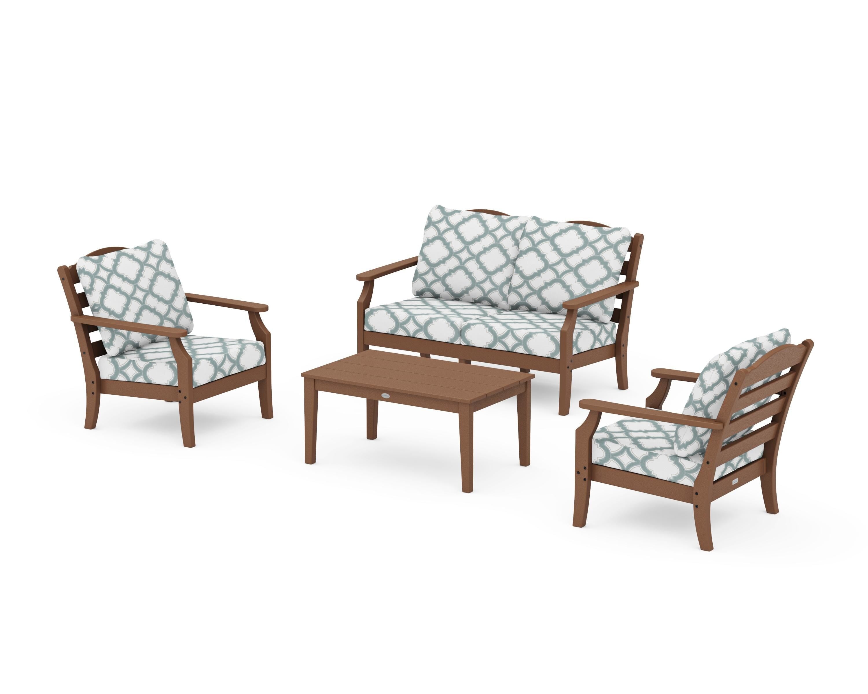 Draper James™ by  POLYWOOD® Savannah 4-Piece Deep Seating Set with Loveseat in Teak / Trellis Glacier Spa