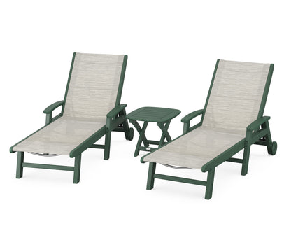 POLYWOOD® Coastal 3-Piece Wheeled Chaise Set in Green / Birch Sling