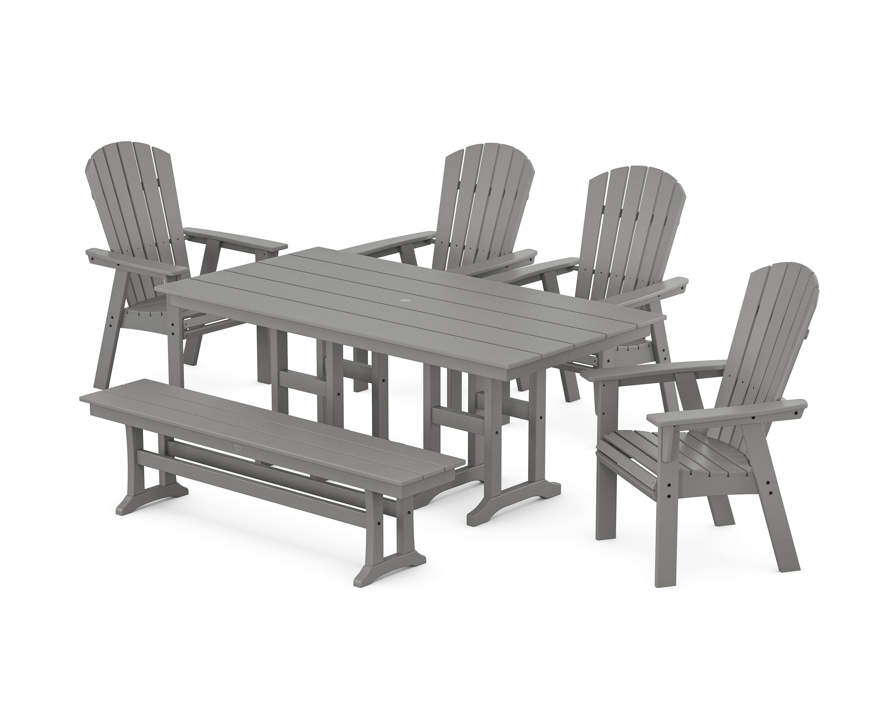 POLYWOOD® Nautical Curveback Adirondack 6-Piece Farmhouse Dining Set with Bench in Slate Grey