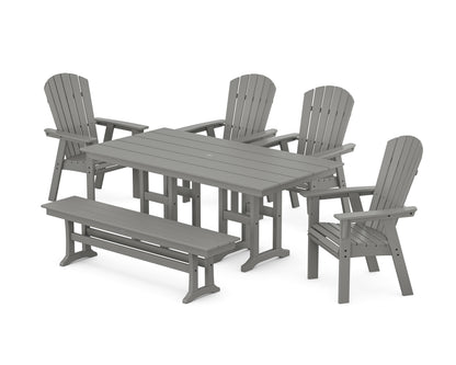 POLYWOOD® Nautical Curveback Adirondack 6-Piece Farmhouse Dining Set with Bench in Slate Grey