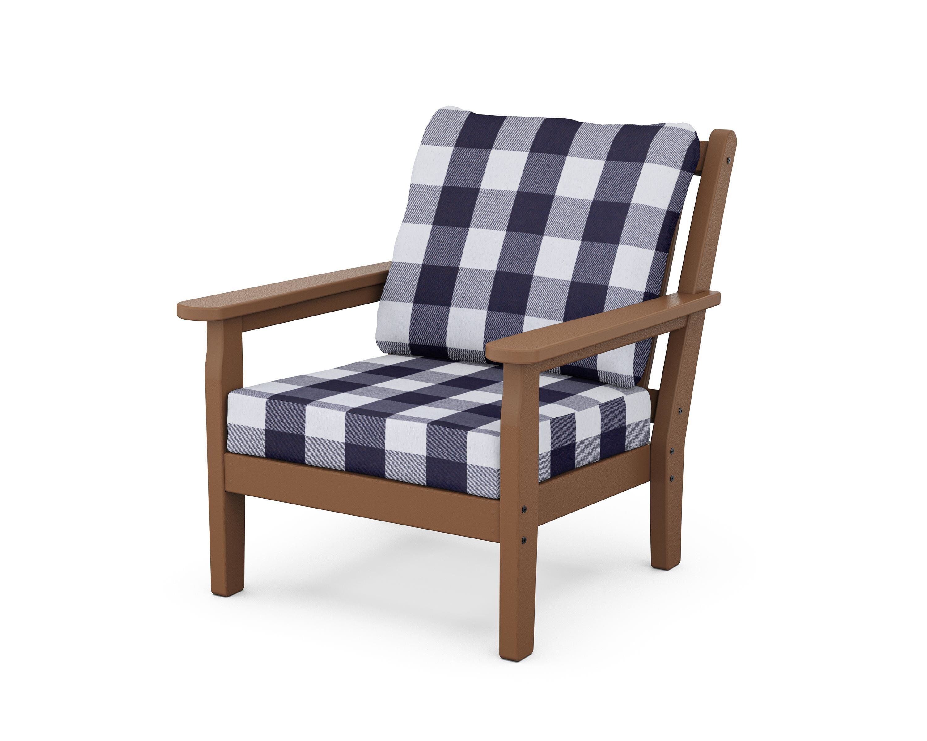 POLYWOOD® Chippendale Deep Seating Chair in Teak / Buffalo Plaid Navy