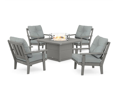 POLYWOOD® Oxford 5-Piece Deep Seating Set with Fire Pit Table in Slate Grey / Spa