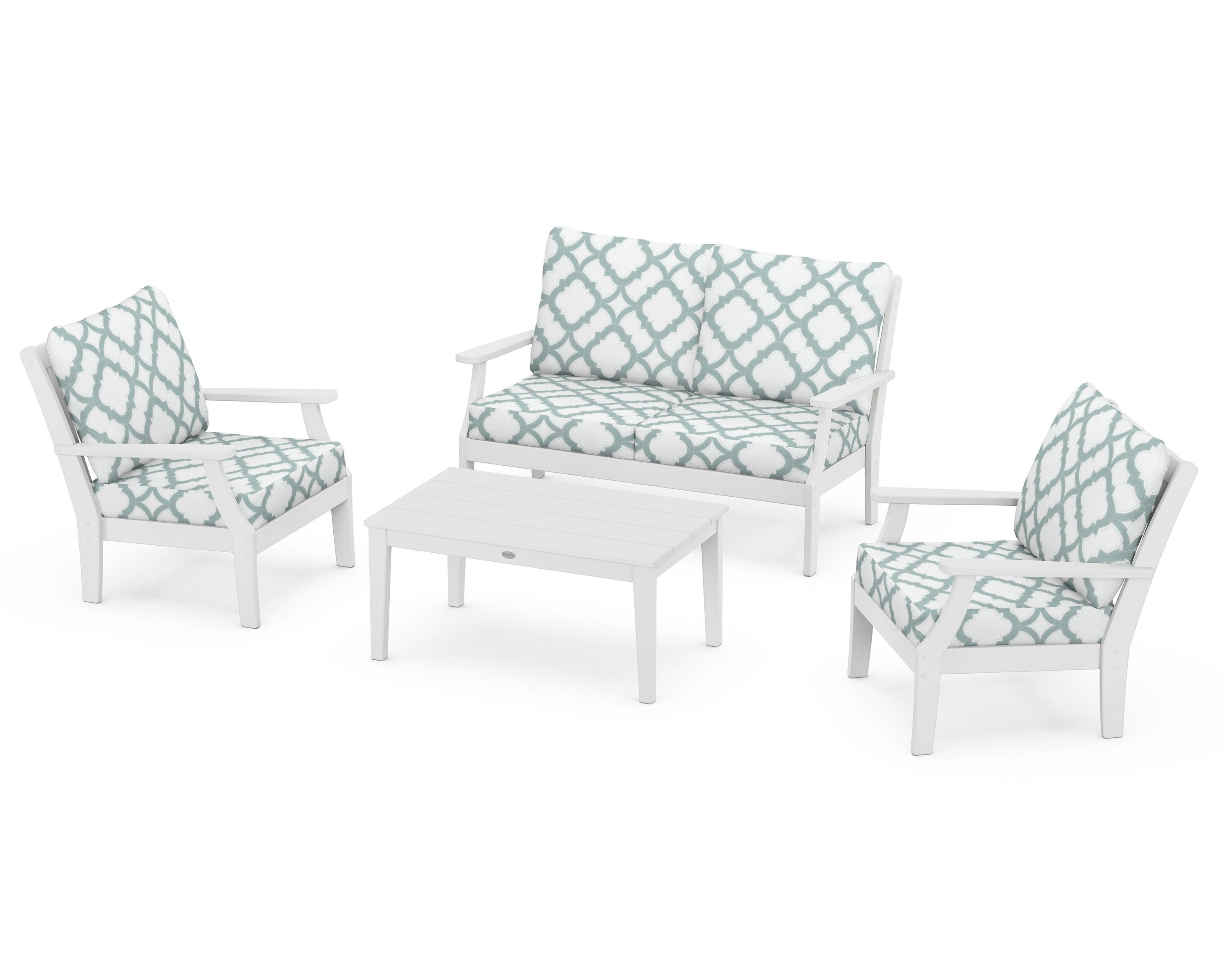 POLYWOOD® Braxton 4-Piece Deep Seating Chair Set in White / Trellis Glacier Spa