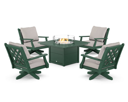 Country Living Wovendale 5-Piece Deep Seating Swivel Conversation Set with Fire Pit Table in Green / Dune Burlap