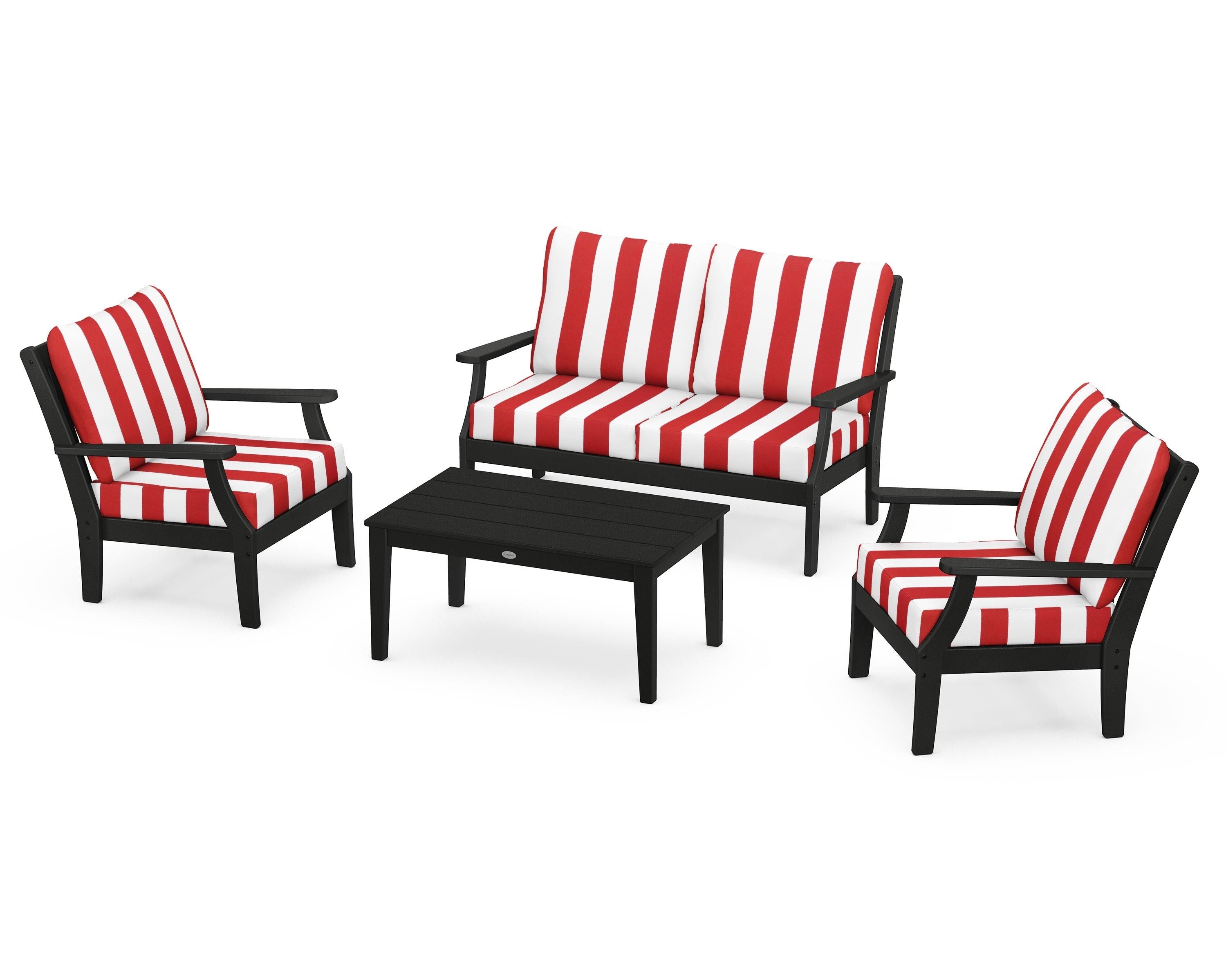 POLYWOOD® Braxton 4-Piece Deep Seating Chair Set in Black / Cabana Stripe Crimson