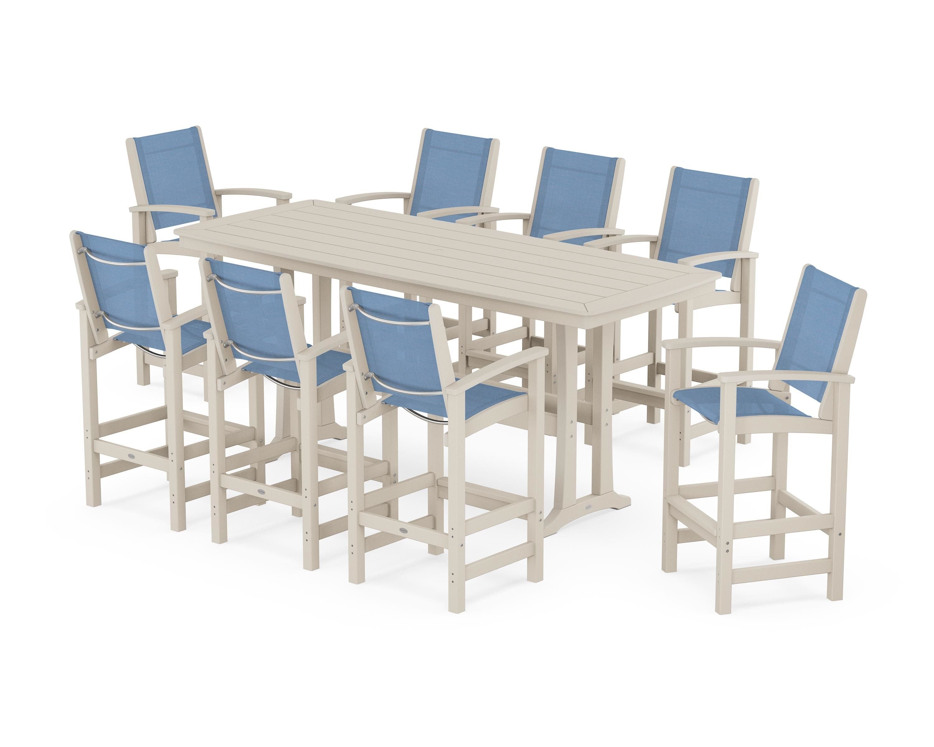 POLYWOOD® Coastal 9-Piece Bar Set with Trestle Legs in Sand / Poolside Sling