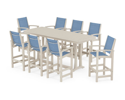 POLYWOOD® Coastal 9-Piece Bar Set with Trestle Legs in Sand / Poolside Sling