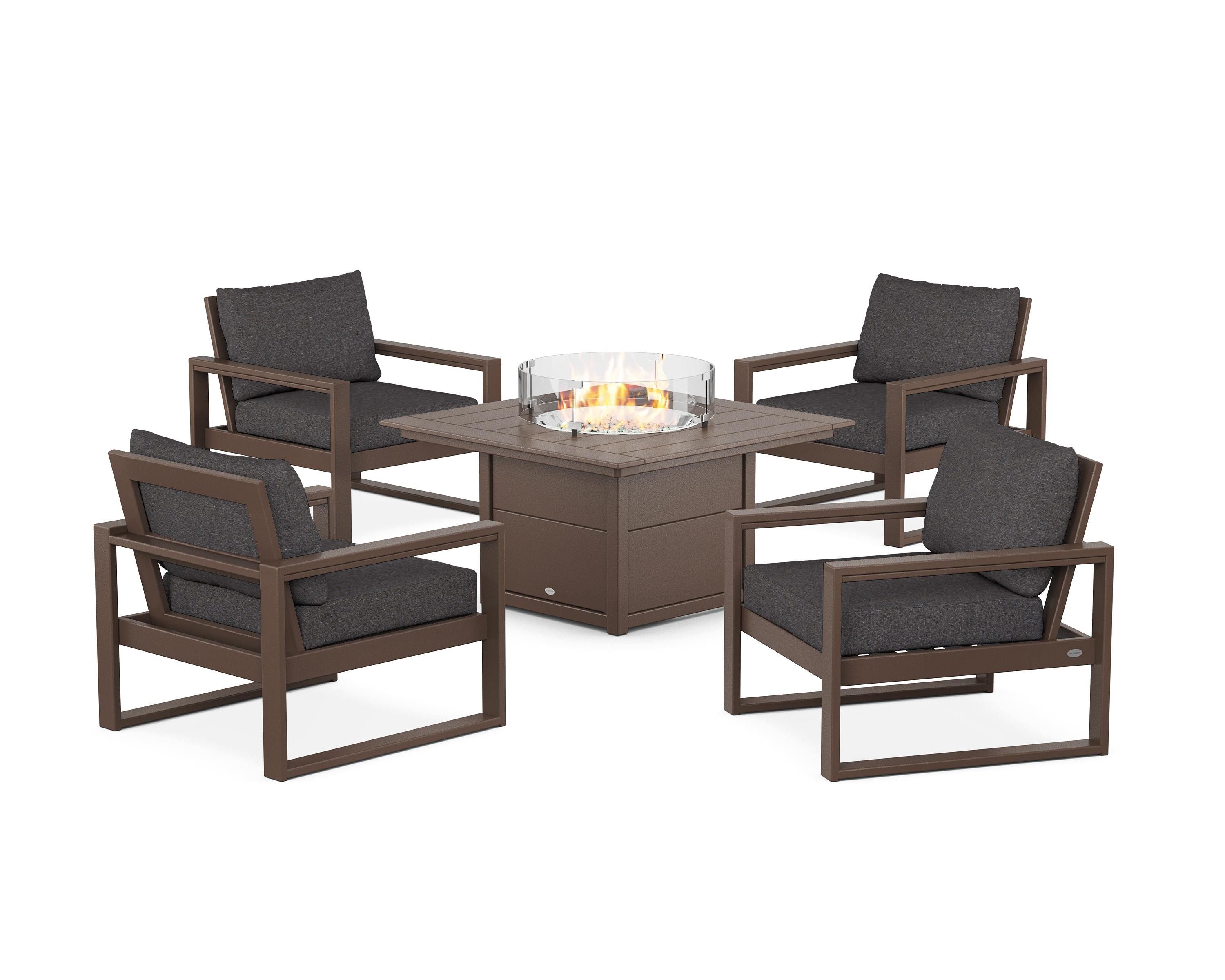POLYWOOD® EDGE Sectional 5-Piece Deep Seating Set with Fire Pit Table in Mahogany / Ash Charcoal