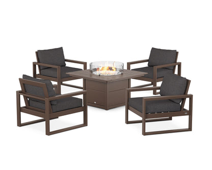 POLYWOOD® EDGE Sectional 5-Piece Deep Seating Set with Fire Pit Table in Mahogany / Ash Charcoal