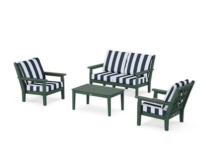 POLYWOOD® Chippendale 4-Piece Deep Seating Set with Loveseat in Green / Cabana Stripe Marine Indigo