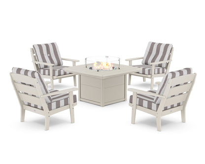 POLYWOOD® Lakeside 5-Piece Deep Seating Set with Nautical Fire Pit Table in Sand / Cabana Stripe Grey Mist