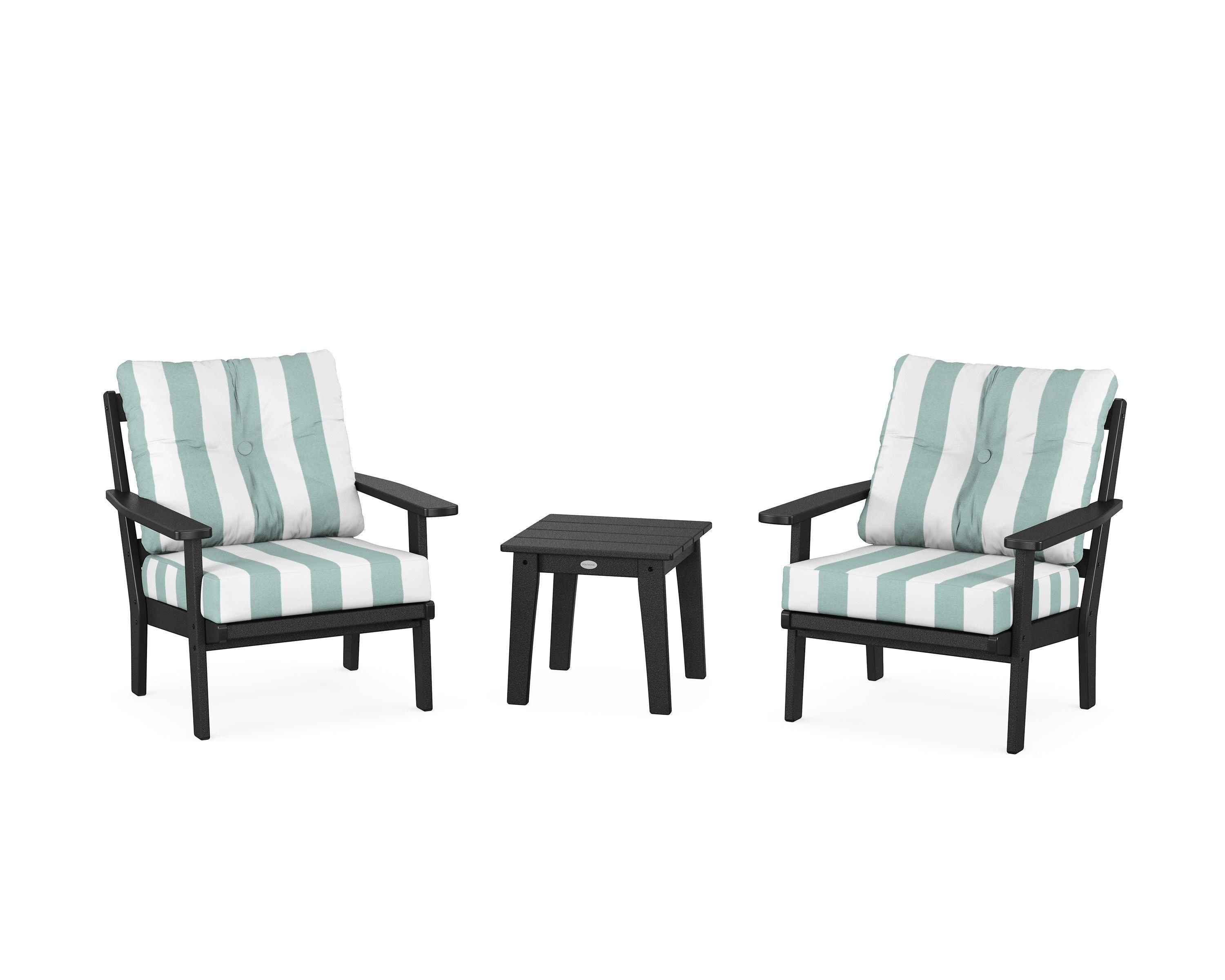 POLYWOOD® Prairie 3-Piece Deep Seating Set in Black / Cabana Stripe Glacier Spa