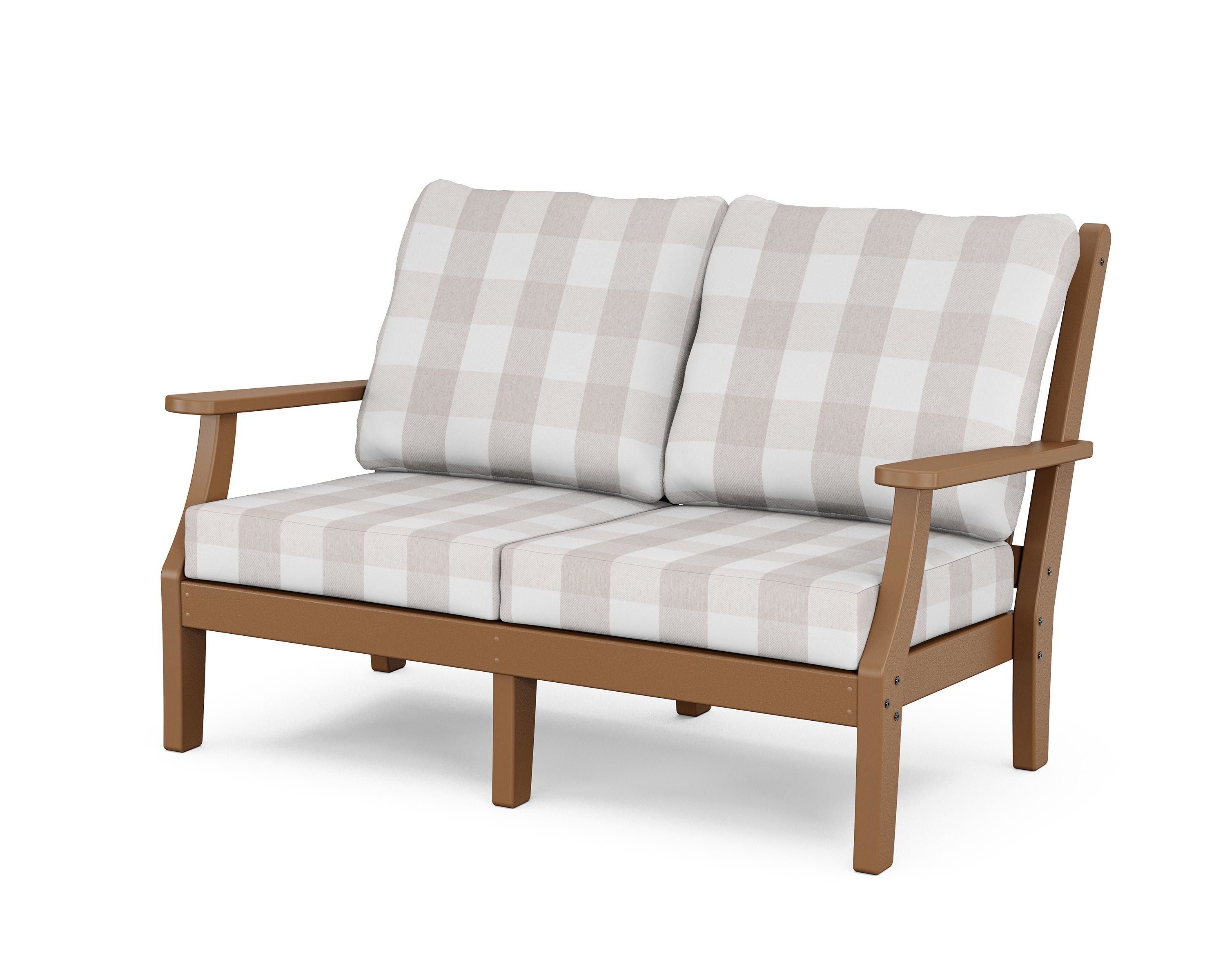 Country Living Wovendale Deep Seating Loveseat in Teak / Buffalo Plaid Dune Burlap