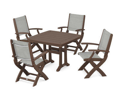 POLYWOOD® Coastal Folding Chair 5-Piece Dining Set with Trestle Legs in Mahogany / Metallic Sling