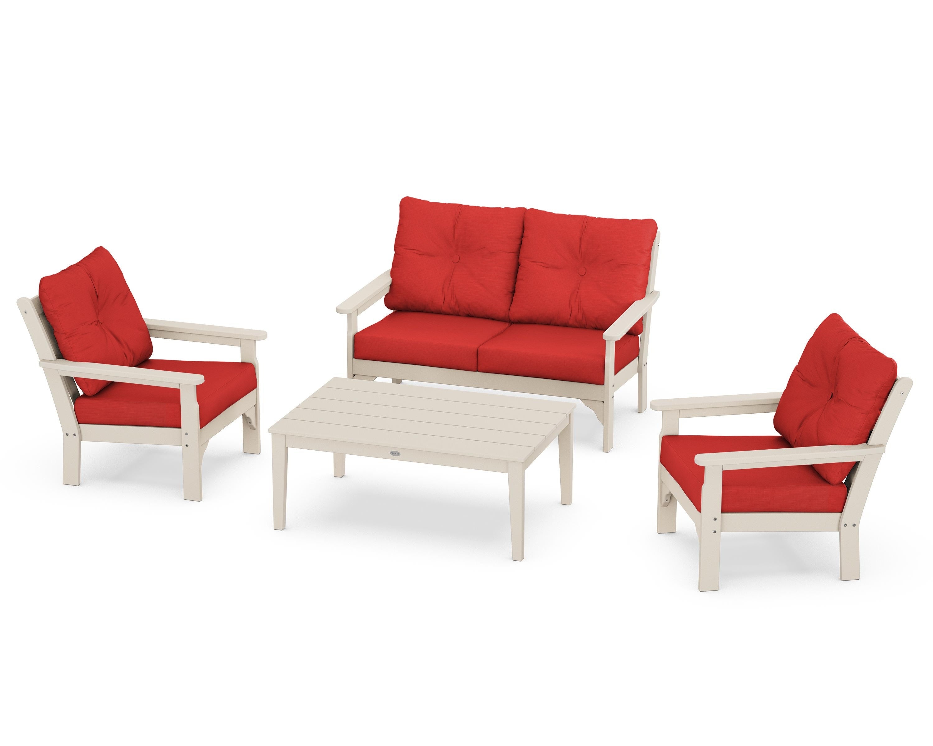 POLYWOOD® Vineyard 4-Piece Deep Seating Set in Sand / Crimson Linen