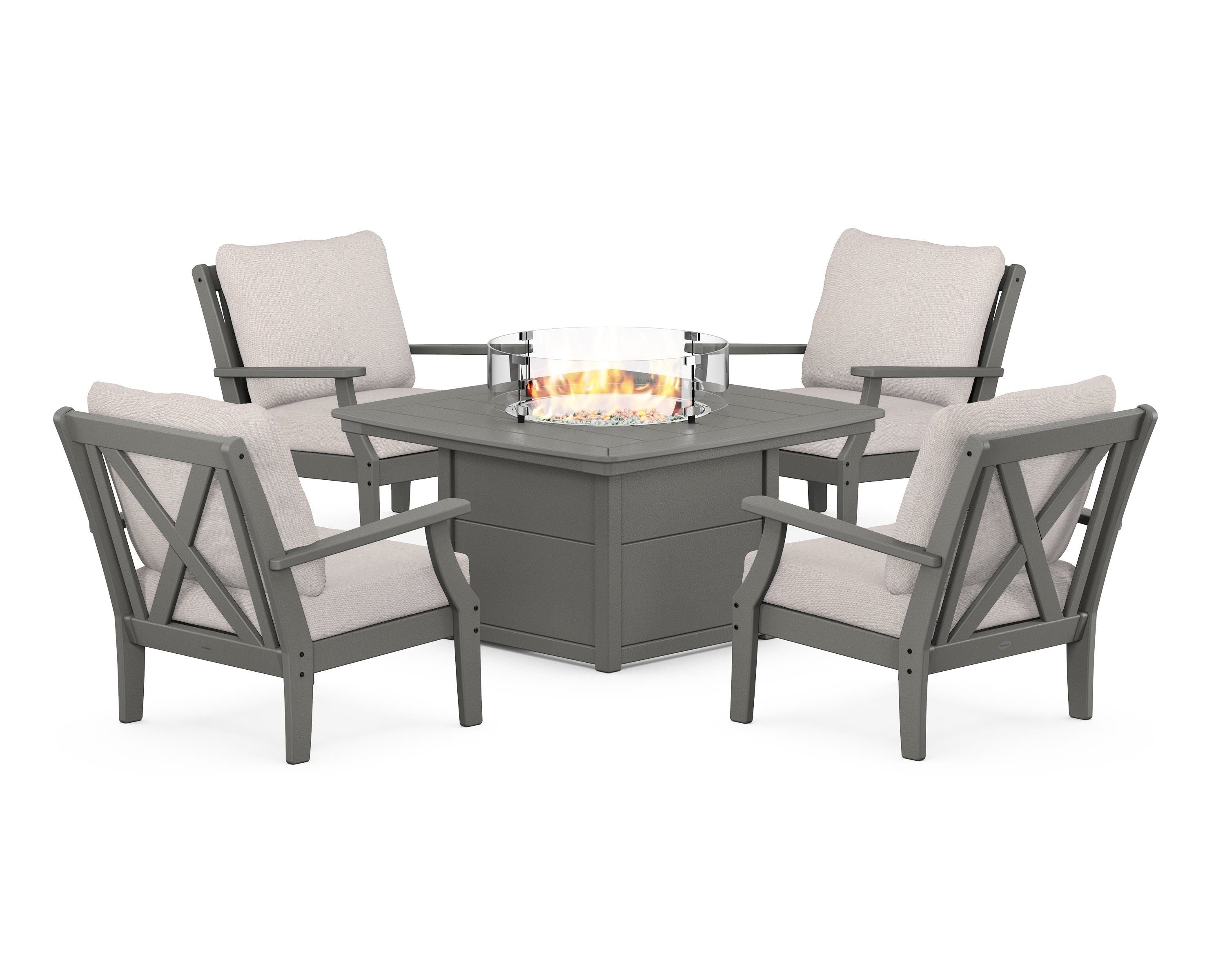 POLYWOOD® Braxton 5-Piece Deep Seating Conversation Set with Fire Pit Table in Slate Grey / Dune Burlap