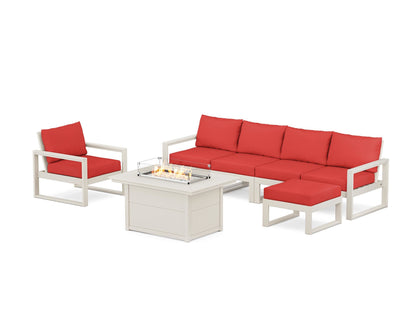 POLYWOOD® EDGE Sectional Lounge and Fire Pit Set in Sand / Crimson Linen