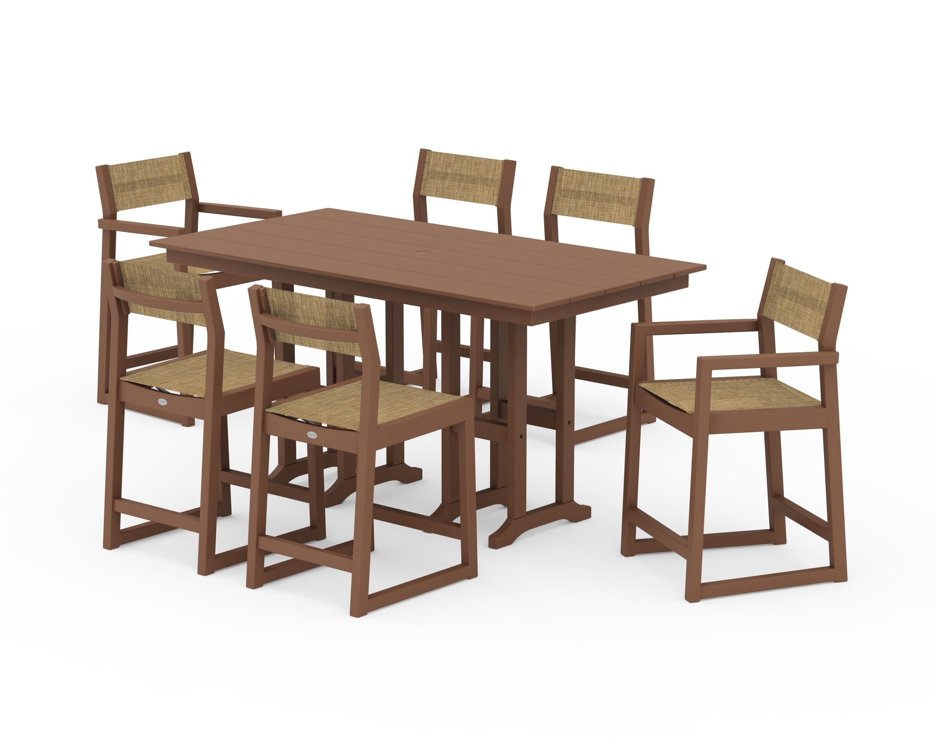 POLYWOOD® EDGE Sling 7-Piece Farmhouse Counter Set with Trestle Legs in Teak / Burlap Sling