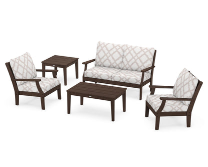 POLYWOOD® Braxton 5-Piece Deep Seating Set in Mahogany / Trellis Dune Burlap