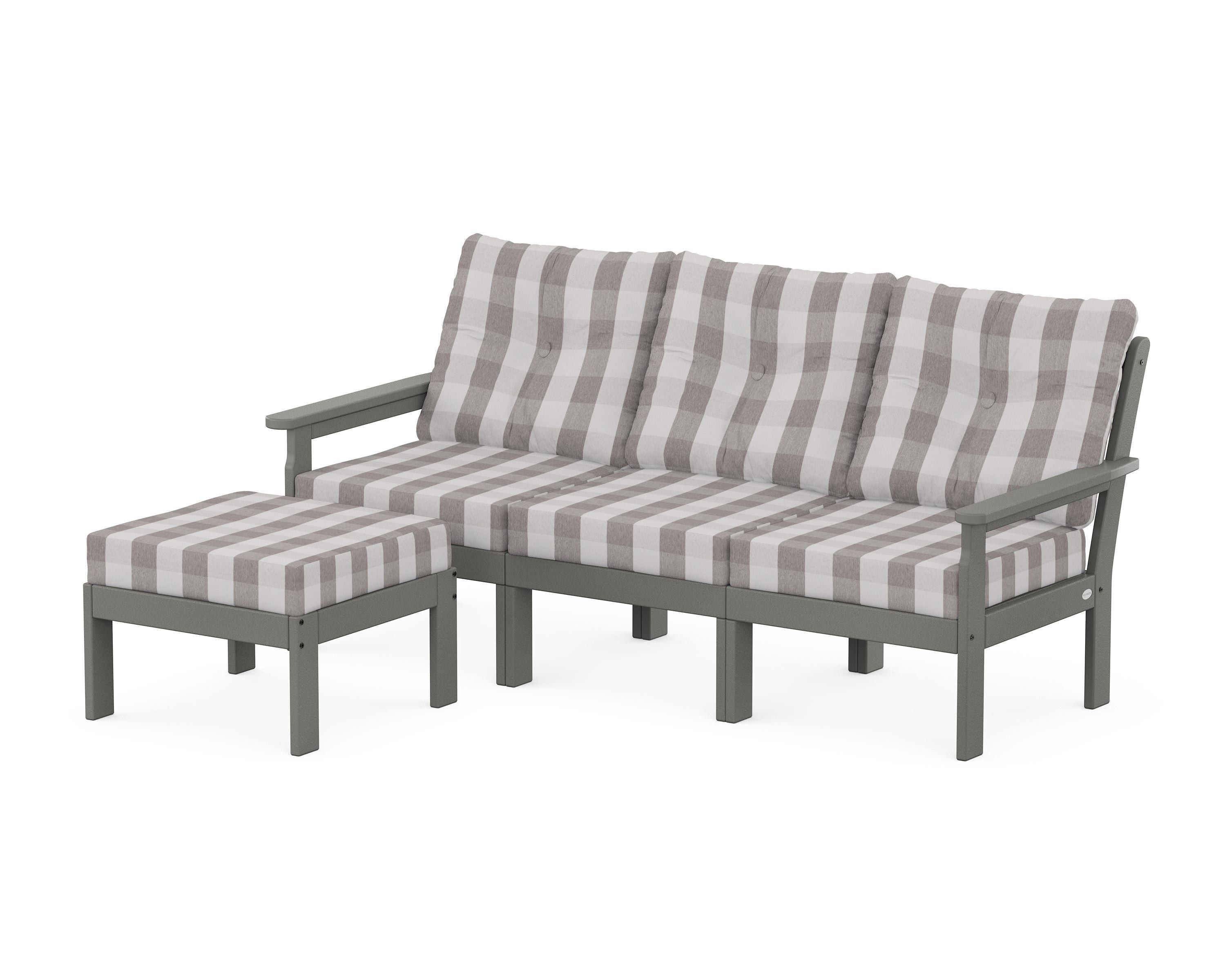 POLYWOOD® Vineyard 4-Piece Sectional with Ottoman in Slate Grey / Buffalo Plaid Grey Mist