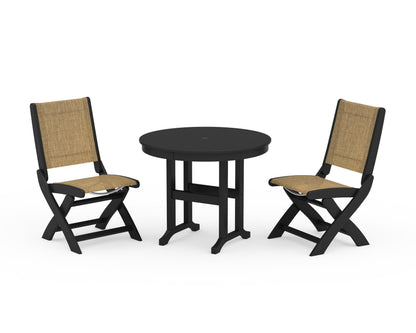 POLYWOOD® Coastal Folding Side Chair 3-Piece Round Dining Set in Black / Burlap Sling