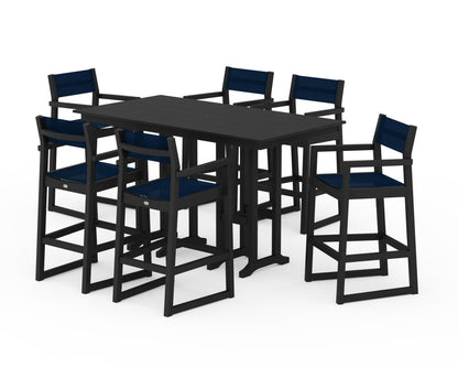 POLYWOOD® EDGE Sling Arm Chair 7-Piece Farmhouse Bar Set in Black / Navy Blue Sling