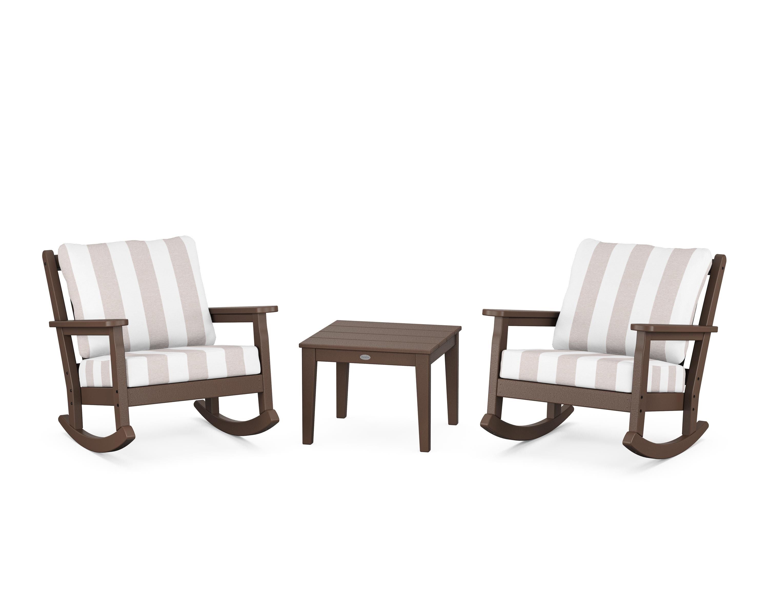 POLYWOOD® Chippendale 3-Piece Deep Seating Rocker Set in Mahogany / Cabana Stripe Dune Burlap