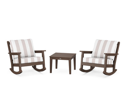 POLYWOOD® Chippendale 3-Piece Deep Seating Rocker Set in Mahogany / Cabana Stripe Dune Burlap