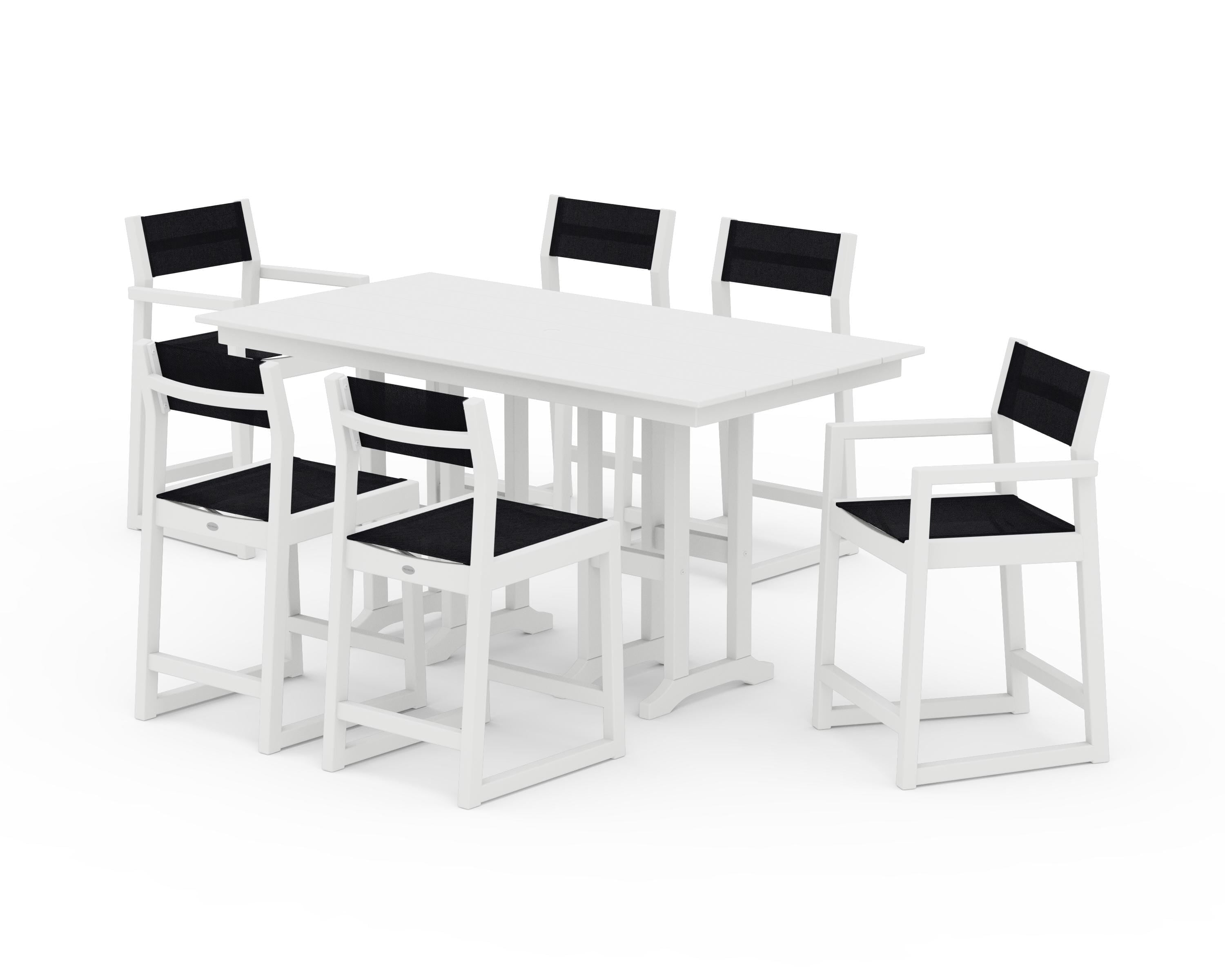 POLYWOOD® EDGE Sling 7-Piece Farmhouse Counter Set with Trestle Legs in White / Black Sling