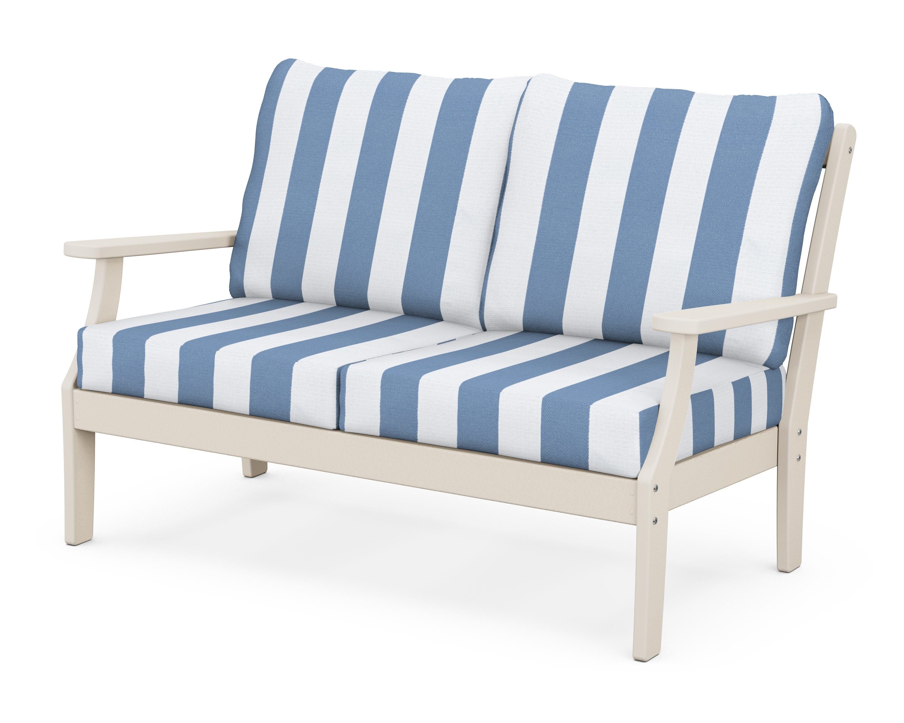 POLYWOOD® Braxton Deep Seating Loveseat in Sand / Cabana Stripe Sky Blue