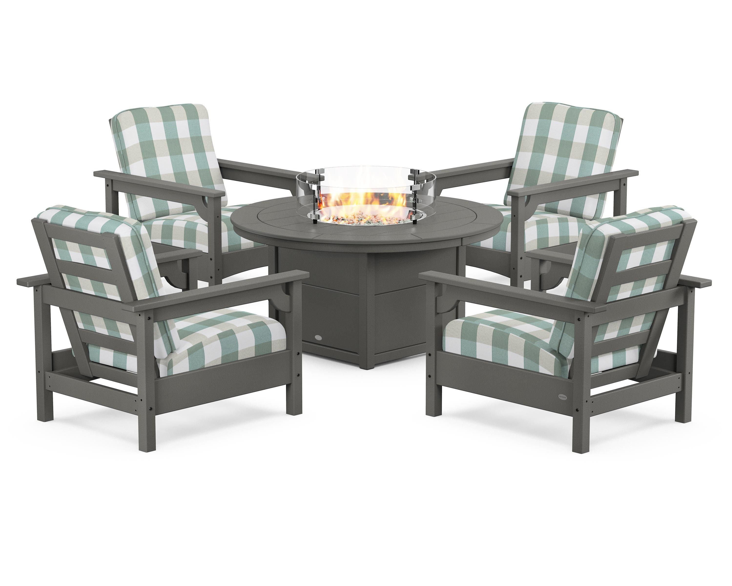 POLYWOOD® Club 5-Piece Conversation Set with Fire Pit Table in Slate Grey / Buffalo Plaid Glacier Spa