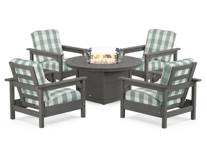 POLYWOOD® Club 5-Piece Conversation Set with Fire Pit Table in Slate Grey / Buffalo Plaid Glacier Spa