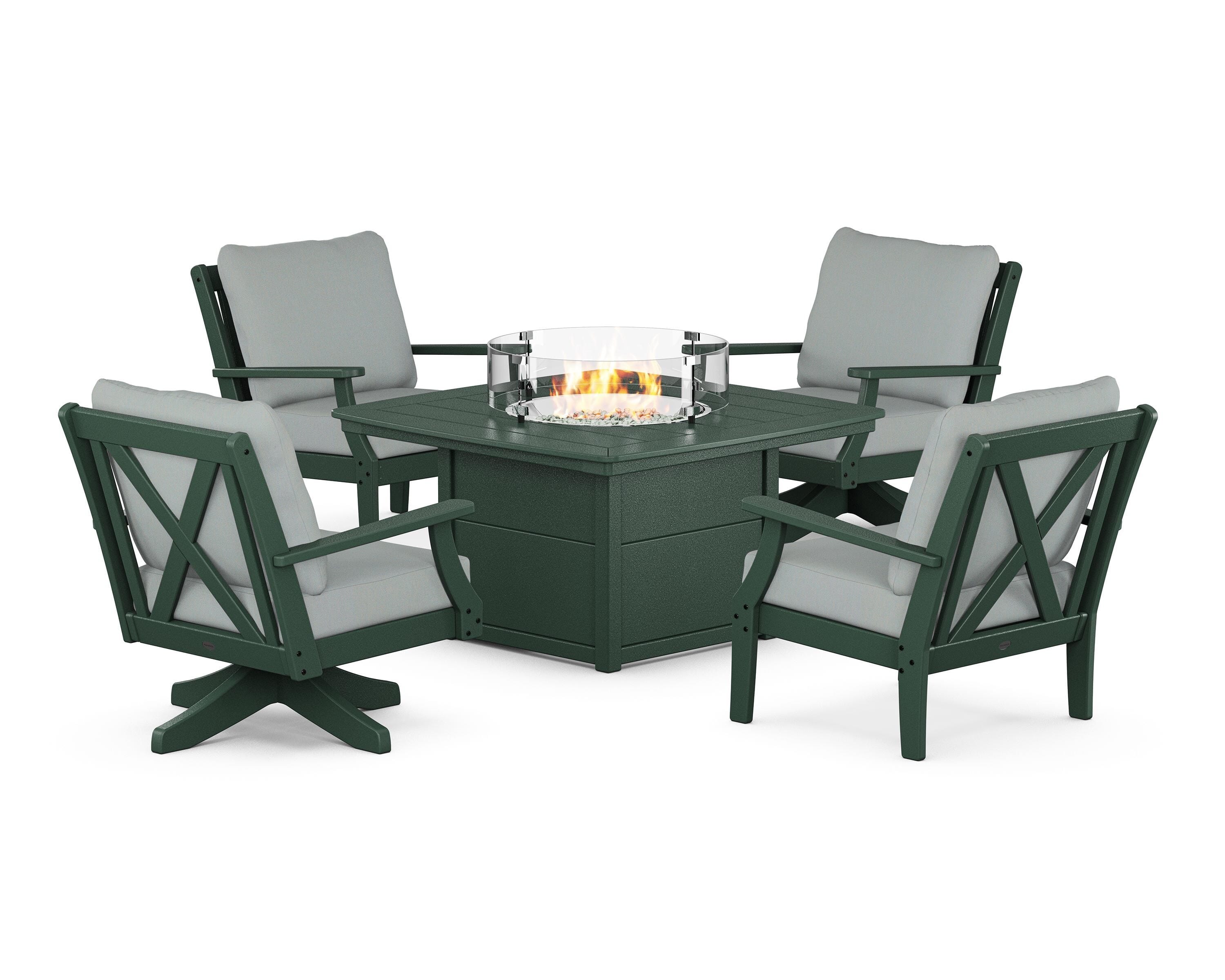 POLYWOOD® Braxton 5-Piece Deep Seating Set with Fire Table in Green / Spa